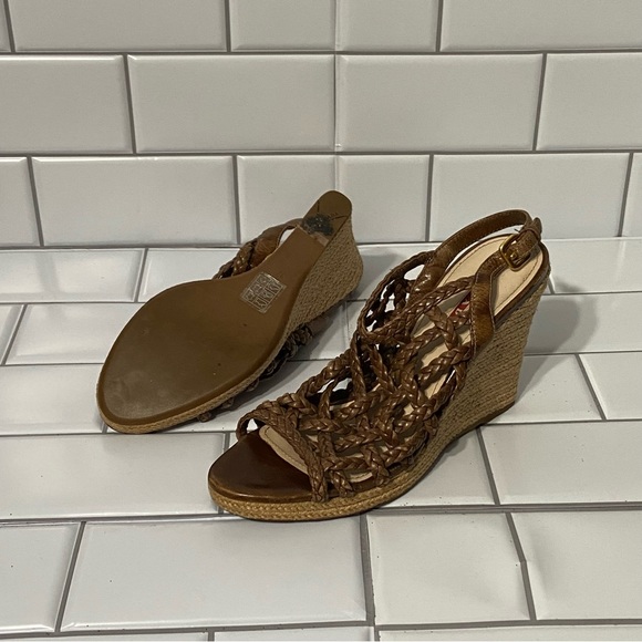 PRADA Sandals Wedge Platform Brown Leather Ankle-Strap Woven Women’s Size 37 7 - Picture 3 of 9